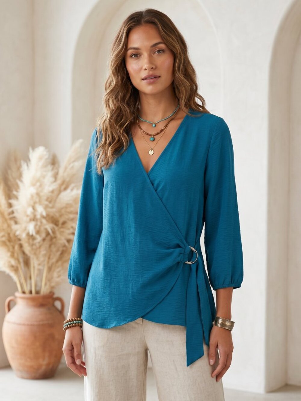 Fred David Teal Wrap Top L Surplice V Neck Office Siren Boho Whimsigoth Y2k 90s